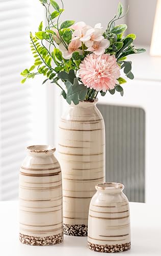 VASETOPIA Juego de 3 Jarrones de Cerámica, Moderno Boho Floreros Decorativos del Hogar para Sala de Estar, Mesa de café, Cuarto de Baño (Blanco)
