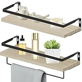 Aroha Home Decor Floating Shelves, Wall Shelves with Towel Bar, Bathroom Wall Decor, Floating Shelves Wood for Living Room/Kitchen/Bedroom, (Black-Natural) Floating Bathroom Shelves