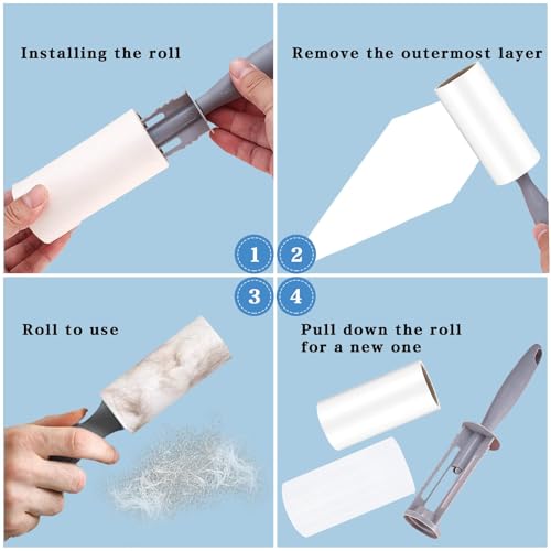 Omtofo 9 Rollen 540 Blatt Fusselrolle mit 1 Staubschutzhüllen + 1 Abroller, Extra Klebrig Lint Roller, Fusselrolle Tierhaare, Fusselroller für Kleidung, Haare, Sofa, Bett, Katzenhaare, Hundehaare