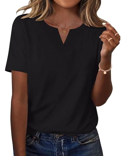 Rapbin Bluse Damen Kurzarm Sommer V-Ausschnitt Oberteile Elegant Business Hemdbluse Lässig Tunika 2026 Schwarz L