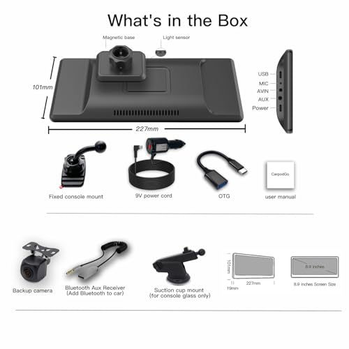 [2024 Fully Laminated Screen] CarpodGo T3 Pro Portable 60fps Wireless Carplay Android Auto, 8.9" 1920 x 720 IPS Touch Screen Car Stereo, Display-Only BT Mode Supports Steering Wheel Controls