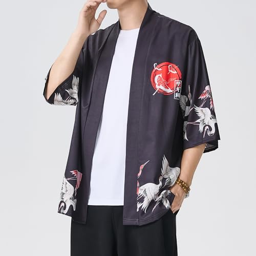 Image of PRIJOUHE Men's Japanese Kimono Cardigan Jackets Casual Long Sleeve Open Front Coat Lightweight Yukata Outwear