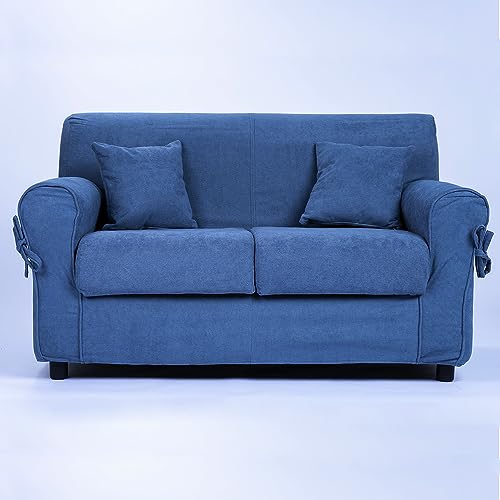 100% Made in italy Divano sfoderabile 2 posti in tessuto imbottito con braccioli larghezza 150 cm (Blu Balena)