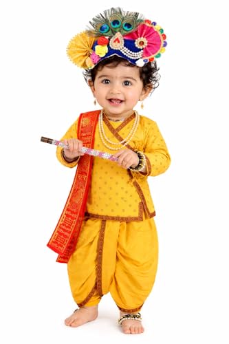 Image of Krishna Dress for Kids, Baby Krishna Dress for Janmashtami with Krishna Mukut, Peacock Feather & Flute Embroidered Krishna Costume for Girl & Boy, 3 Months-8 Years