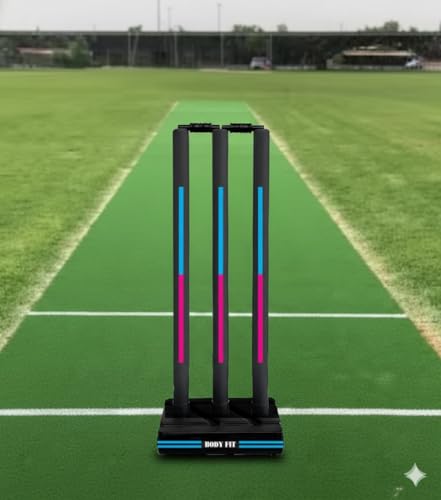 Image of Bodyfit Heavy Cricket Stumps | Plastic Wickets Set with 3 Stumps + 2 Bails + 1 Stand | Full Size Wickets for Cricket Ground, Tournament Wicket. (Black-BluePnk)