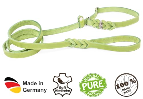 CopcoPet Retrieverleine mit Zugstopp für kleine Hunde – 1,20m x 10mm Moxonleine in Apfelgrün – Fettlederleine & Agilityleine aus Leder – stufenlos verstellbar, Handarbeit, verchromt, wetterfest