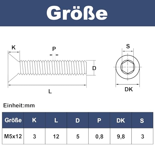Zuyya 20 Stück Senkkopfschrauben M5 x 12 mm Innensechskant Antrieb Schwarze Schrauben Edelstahl A2 V2A Senkschrauben Vollgewinde mit Innensechskantschlussel