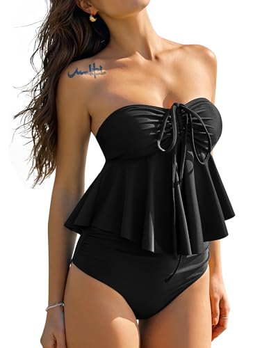 ZAFUL Womens 2025 Two Piece Bathing Suits Halter Bandeau Self-Tied Tankini Set Swim Top with Bottom Tummy Control Swimsuit - Main Image