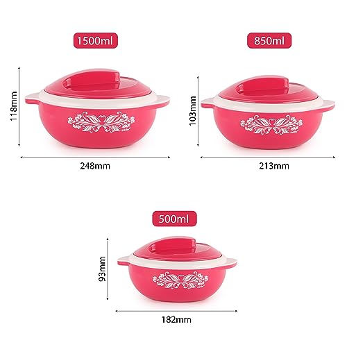 CELLO Hot Serve Insulated Inner Steel Casserole Set of 3, Pink (500ml, 850ml, 1500ml) | Hot Box for Kitchen | Hot Pot | Chapati Box | Locks in The Cold & Heat for Long | Serving Bowl with Lid |