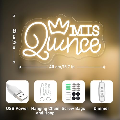 Image of Mis Quince Neon Sign for Wall Decor Dimmable LED Sign Neon Lights for Bedroom Light Decoration for Birthday Party Room Decoration Gift for Girl Kid Lover 40CM*23CM Warm White