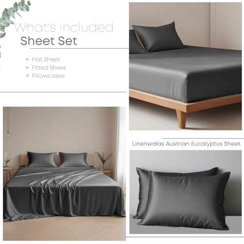 Linenwalas Eucalyptus Tencel Bed Sheet Set Queen Size 4Pc - Lyocell Silk 16" Deep Pocket Sheets - Soft Breathable & Cooling Sheets Set for Hot Sleepers (Queen, Charcoal Gray)
