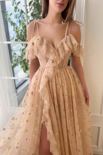 Eightale Tulle Cold Shoulder Long Sparkly Prom Dress Starry Ruffle Hem Slit Formal Party Dress3