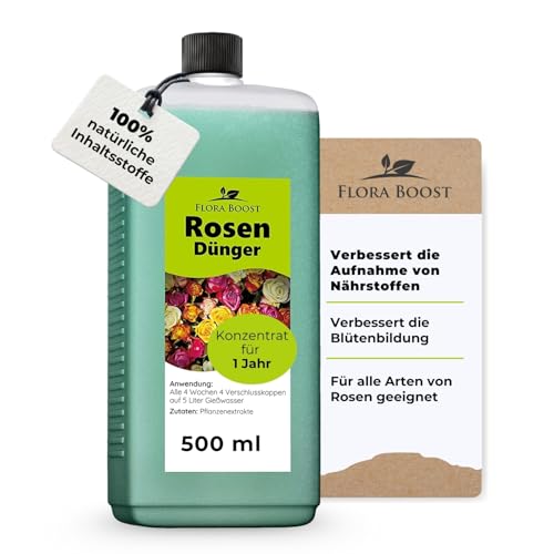 Konfitee Rosen Dünger Flora Boost 500ml I Für bis zu 100L Gießwasser I Langzeitdünger für alle Arten von Rosen geeignet I Flüssiger Blatt- & Wurzeldünger I 100% natürlicher Pflanzendünger