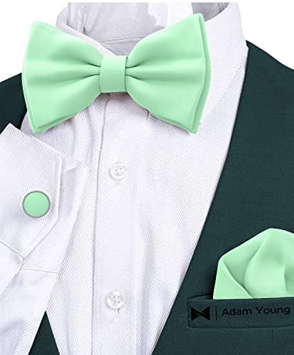 Image of Adam Young Men's Bow Ties with Handkerchief & Cufflinks Pre-Tied Style Formal Satin Classic Bowtie for Tuxedo Faux Silk