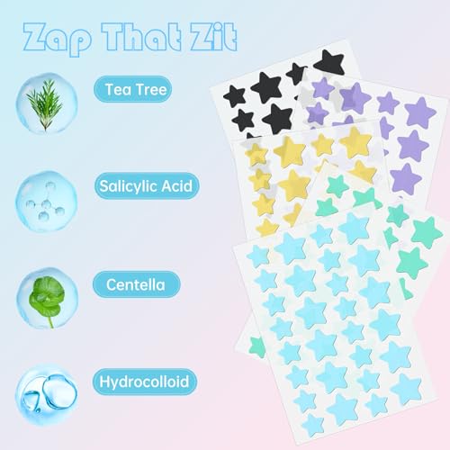 Pimple Patches for Face, Cute Star Zit Covers, Stars Hydrocolloid, For Sensitive Skin, with Tea Tree, Salicylic Acid & Cica Oil (10&12&14mm) 240 Count