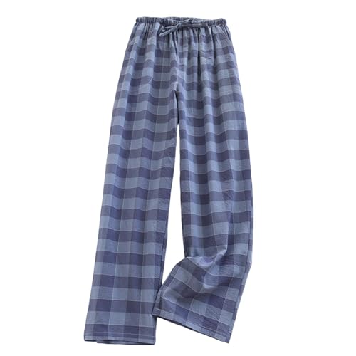 Cambkatl Men's Loose Plaid Cotton Pajamas Pants Lightweight Drawstring Casual Elastic Waist Summer Beach Lounge Trousers