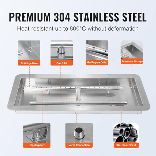 30x10 in Drop in Fire Pit Burner Kit, Stainless Steel Fire Pit Kit with Burner, Hose Kit, Insert Rectangular Fire Pit Burner Pan for Natural Gas, Propane, Outdoor Fire Pit Pan Kit