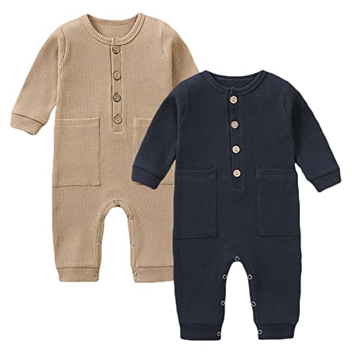 Image of Yookoom Baby Boys Girls 2 Pack Solid Romper Waffle Long Sleeve One-Piece Cotton Jumpsuit Outfits Clothes