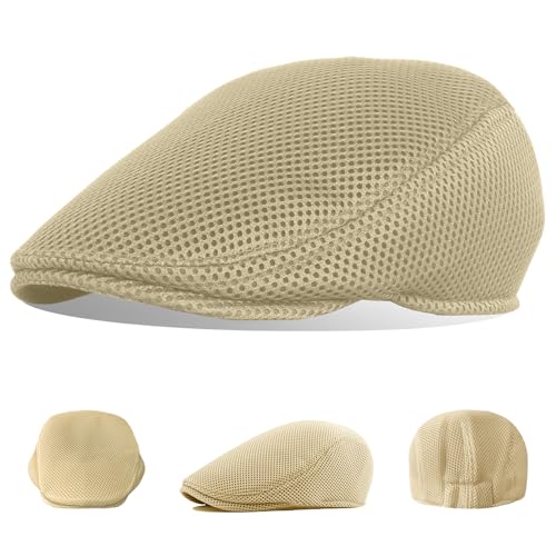 Image of meioro Men's Mesh Flat Cap Summer Breathable Newsboy Hats Beret Ivy Cap Gatsby Irish Cabbie Driving Hat Full Head Wrap