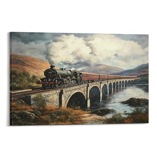 EUUMKOO Lienzo decorativo para pared, diseño vintage de tren, puente de otoño, río, paisaje sobre lienzo, póster impreso, decoración para el hogar, sala de estar, dormitorio, decoración de pared, 20 x