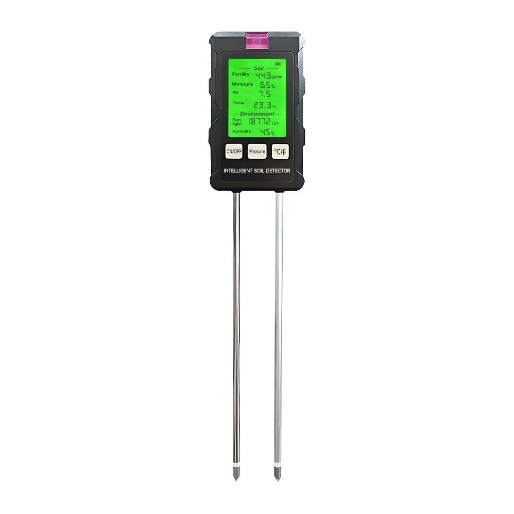 QUMOX 6-in-1 Soil Tester Meter with Rotatable Screen – Measures pH, Moisture, Fertility, Temperature, Sunlight, Air Humidity – Digital Soil Analyzer for Garden, Lawn, Greenhouse