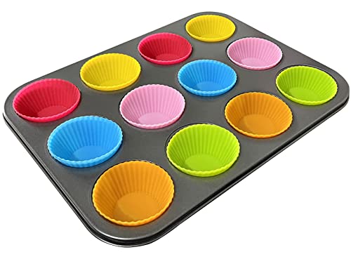 CHENXI Güker Muffinblech,Muffinform für 12 Muffins with 12 stück silikon muffinförmchenMuffin Backblech aus Stahl mit Gute Antihaftbeschichtung,Minimuffinform Optimale Hitzeverteilung-36cmx27cm Cover