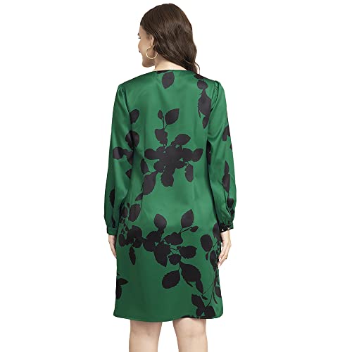 Image of FableStreet Women's V-Neck Green Satin Floral Dress