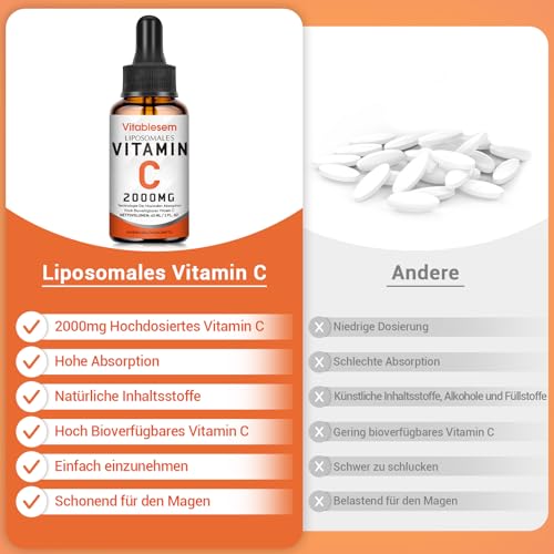 Liposomales Vitamin C Flüssig 2000 mg, 2 Flaschen, Hochdosiert Ascorbinsäure, Maximale Absorption Vit C Tropfen, Vegan