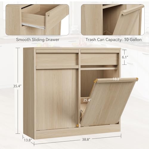 GarveeHome Double Tilt Out Trash Cabinet, Modern Trash Cabinet with 20 Gallon Storage, Hidden Freestanding Garbage Can Cabinet Laundry Hamper for Kitchen Dining Living Room