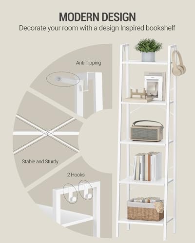 Image of Hzuaneri Ladder Shelf, Bookshelf Bookcase, Freestanding Corner Storage Shelve with 2 Hooks for Home Office, Living Room, Kitchen, Bedroom, Industrial, 5-Tier White BC19213W