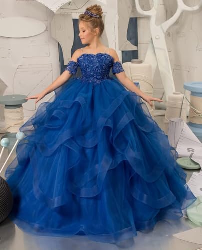 Girl’s Off Shoulder Flower Girl Dress for Wedding Beaded Princess Pageant Dresses Tulle Ruffles Ball Gowns for Girls2