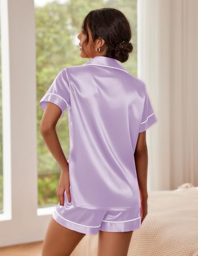 Image of Ekouaer Pajamas for Women Set Silk Satin Pjs Button Down Sleepwear Summer Loungewear Top and Shorts Lounge Set S-XXL