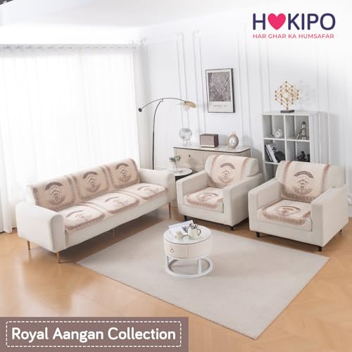 Image of HOKIPO Noor Beige Premium Chenille Jacquard Sofa Cover 5 Seater Set - Washable 3+1+1 Sofa Cover for Seat & Back | 'Royal Aangan Series' (IN-1008-L4*2 + IN-1006-L4*4)