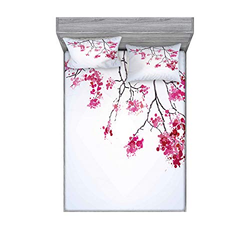 Lunarable Japanese Fitted Sheet & Pillow Sham Set, Cherry Blossom Sakura Tree Floral Branch Spring Season Theme Image, Decorative Printed 3 Piece Bedding Decor Set, Queen, Dimgray Black