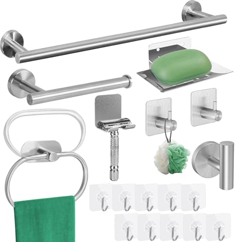 La mejor comparación de Accesorios para Baño disponible en línea. 45 18 Pack Accesorios para Baño,Incluyen Toallero,Portarrollos de Papel Higiénico, Soporte para Maquinilla de Afeitar, Jabonera,Anillo para Toallas y 13 Gancho, para Familia, Hotel,...