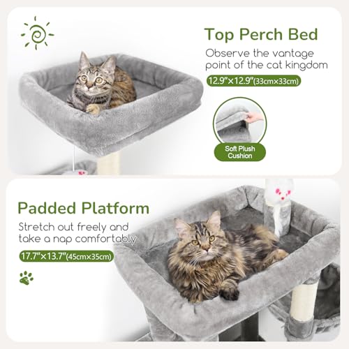 Image of Globlazer 52in Cat Tree Tower for Indoor Cats, 2 Condos, S52, Light Grey | Multi-Level Plush House, 5 Sisal Scratching Posts, 2 Padded Top Perches, Big Metal Basket, Stable Enlarged Base