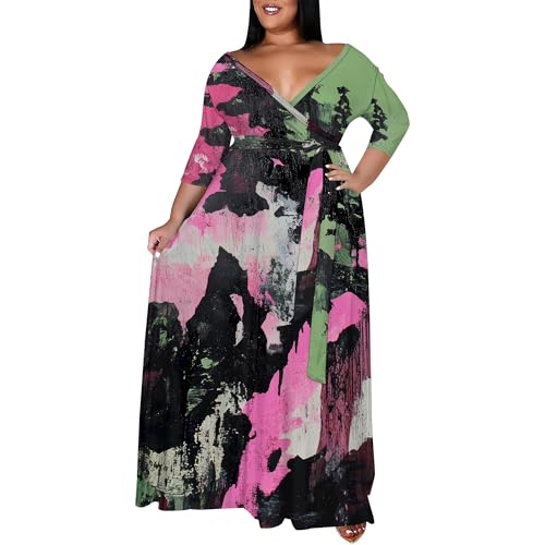 Image of SUZONANA Plus Size Maxi Dresses for Curcy Women Casual Loose 3 /4 Sleeve Long Dress with Belt