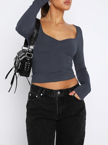 Women's Long Sleeve Going Out Crop Top Sexy Pleated Trendy Shirt Sweetheart Neck Y2K Ruched Cropped Tops2
