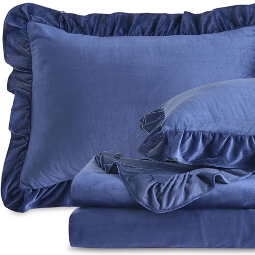 Image of Velvet Plush Flannel Sheet Set - Full Size 4-Piece - Ruffled Edge Design, 16 Inch Deep Pocket, Anti-Pilling & Fade Resistant - 220 GSM Breathable Luxury All-Season Bedding, Navy