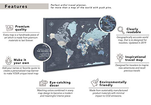 World Map On Canvas With Pins | Personalized World Map Pin Board | Modern Navy Push Pin Map Design | 24" X 32" Up To 40" X 53" #TOP2