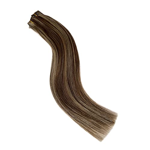 Image of Human Hair Extensions Silky Straight 18 Inch 70g 5pcs Double Weft Clip in Extensions Medium Brown to Beige Blonde Seamless Clip ins Thick Ends Remy Hair for Women