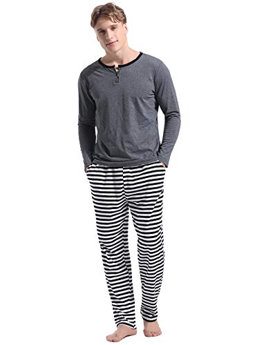 Aibrou Men's Pajama Set Cotton Long Sleeve Top & Bottom Striped Sleepwear Loungewear Gray