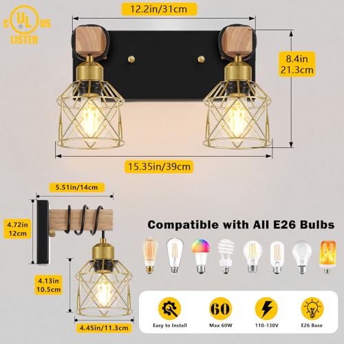 Image of FadimiKoo Rustic Style Wood Bathroom Wall Sconces, 2-Light Black Gold Bathroom Vanity Light Fixtures with Metal Shade, Light Fixtures Wall Mount for Living Room, Hallway, Dressing Table