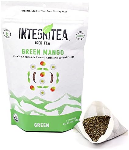 IntegriTEA Green Mango Flavored Green Tea Loose Leaf Bags - 6-Bag Organic Unsweetened Iced Tea Pack for 6 Gallons of Tea - Hot or Cold Brew Iced Green Tea Bags