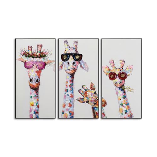 キリン アートパネル 3枚セット 飾り絵 動物 手描き油画 ポスター アルミ合金 フレーム 壁掛け パネル モダン アートボード 絵画 インテリア 部屋飾り パネルアート アルミ合金枠きの完成品 (50*100cm*3枚(20*40in*3pcs),A)