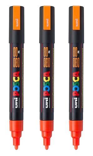 Image of posca PC-5M Water-Based Paint Markers, Reversible Medium Tip (1.8-2.5mm), Fluorescent Orange, 3 Count