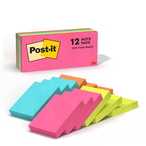 Post-it Mini Notes, 1 3/8 in. x 1 7/8 in., 12 Sticky Notes Pads, 100 Sheets per Pad, Poptimistic Collection, School Supplies and Office Products, The Original Post-it Note