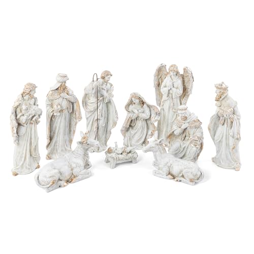 Image of Glitzhome Nativity Set for Christmas Indoor Decorations, 10-Piece Large White Nativity Figurines Sets 18.5 inch x 50 inch, Resin Tabletop Scenes Figures Xmas Collectibles Figurine Statue Holiday Decor