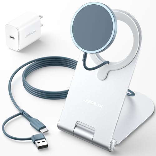 Image of JSAUX Magnetic Wireless Charger Compatible with MagSafe Charger iPhone 16 /15 /14 /13 /12 Series, Wireless Mag Safe Charging Pad (Blue) with 20W PD Adapter and Desktop Stand