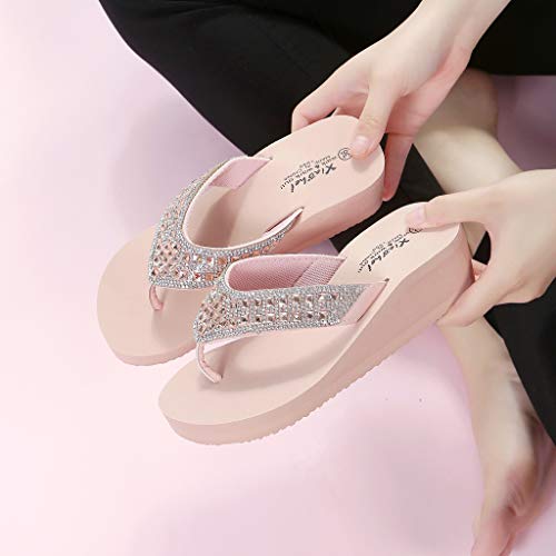 Rhinestone Flip Flops for Women Wedge Slippers Casual Beach Shoes Summer Platform Slides Wedge Sandals (Pink, 7)3
